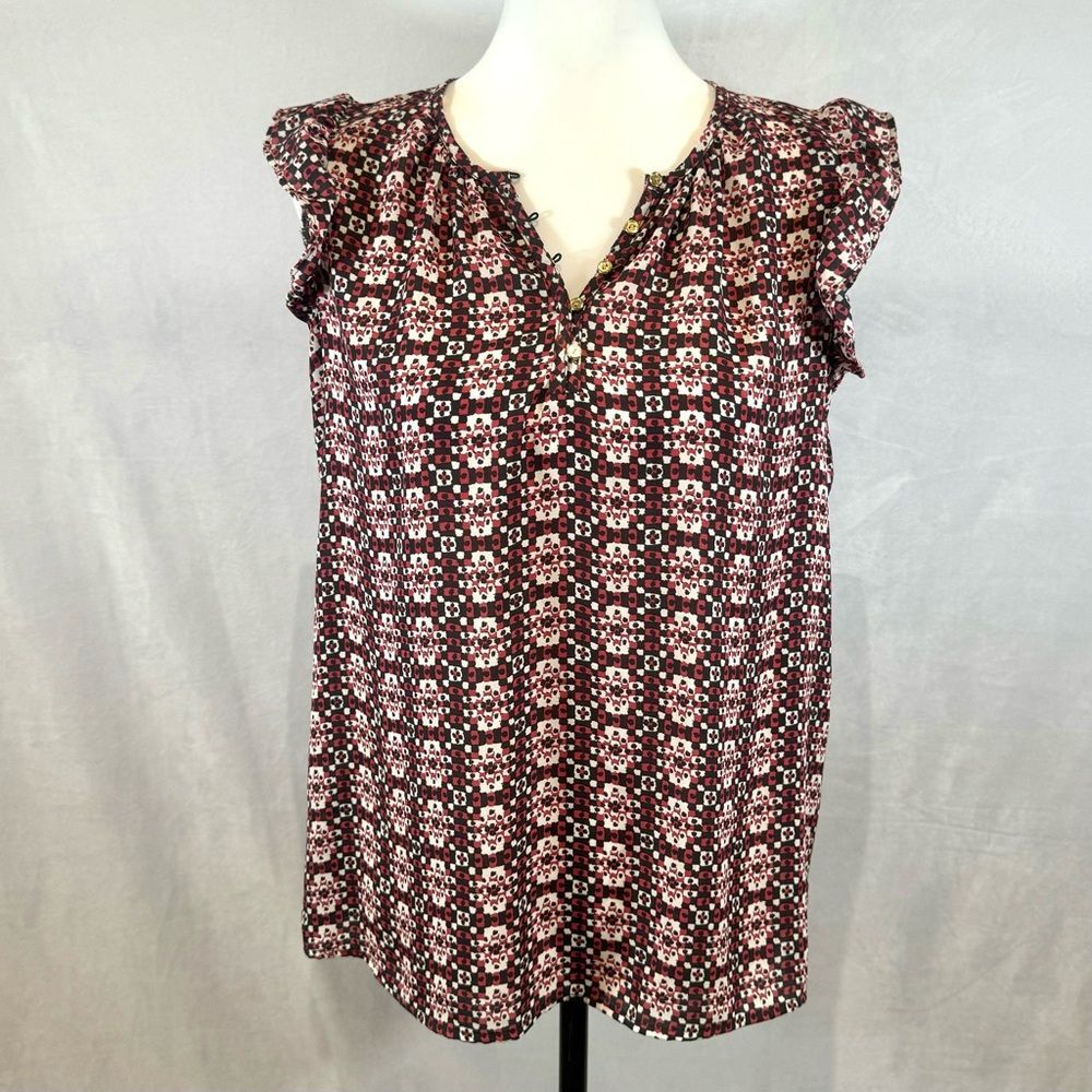 Loft gray and pink all over print ruffle cap sleeve top size small